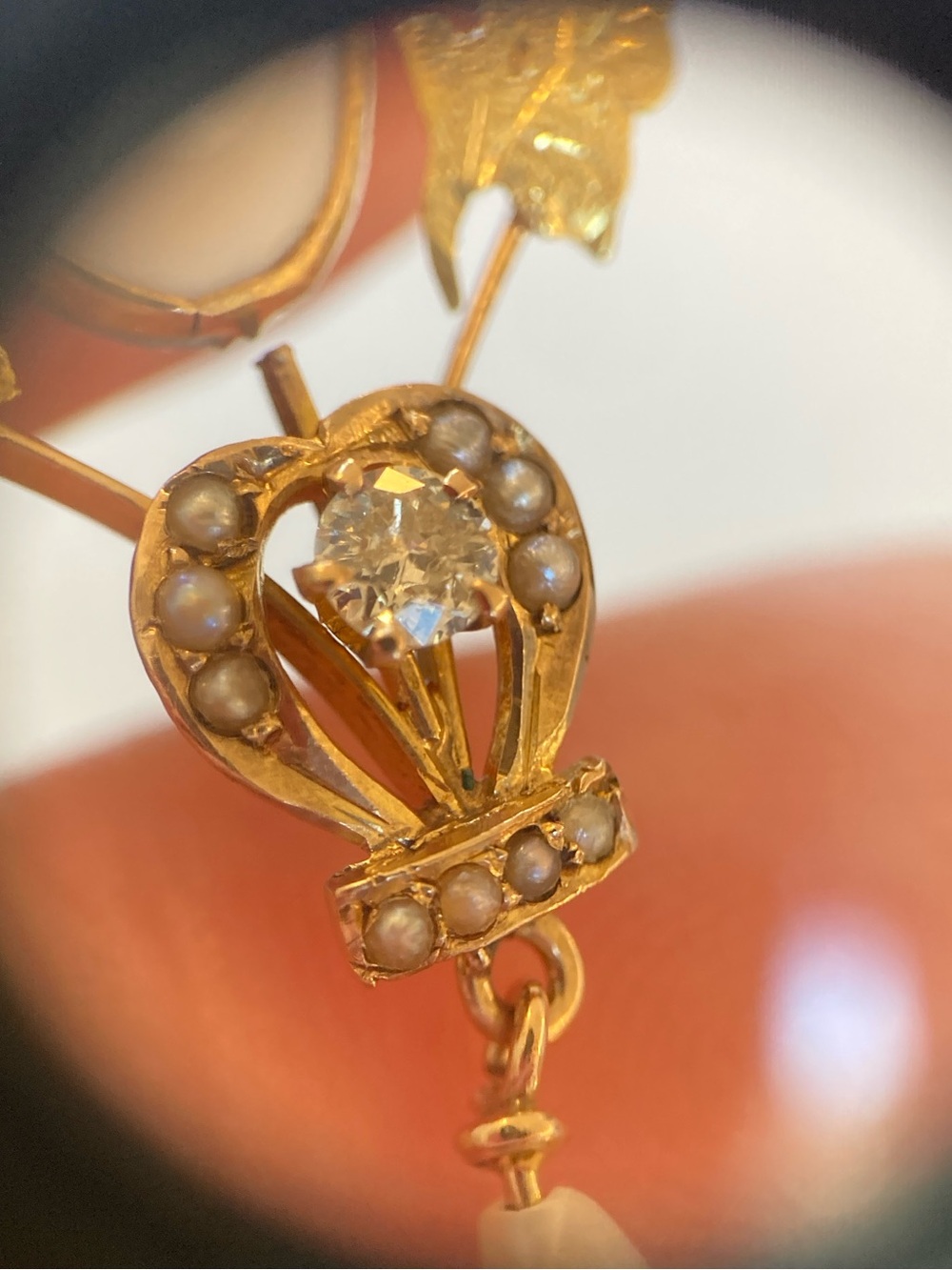 Antique Victorian 10K Diamond, Seed Pearl, Angel Skin Coral Carved Cameo Pendant - Picture 5 of 17